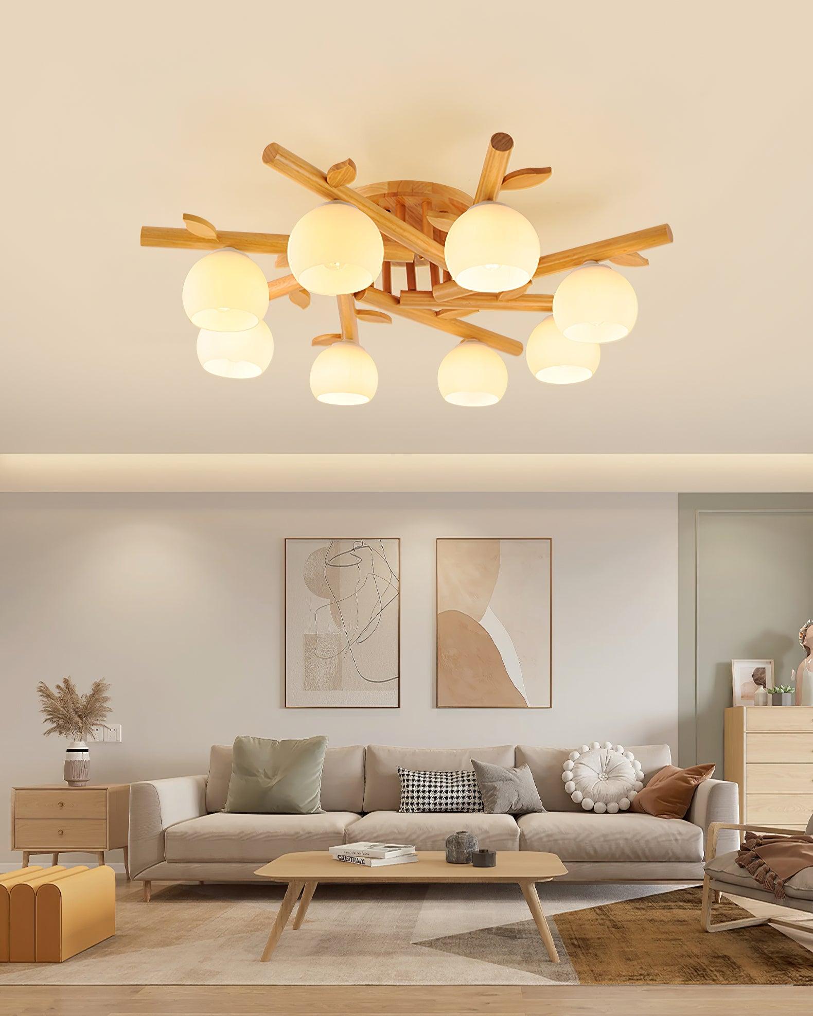 Ceiling Light Wood Body Glass Globes Organic Warm Minimalist