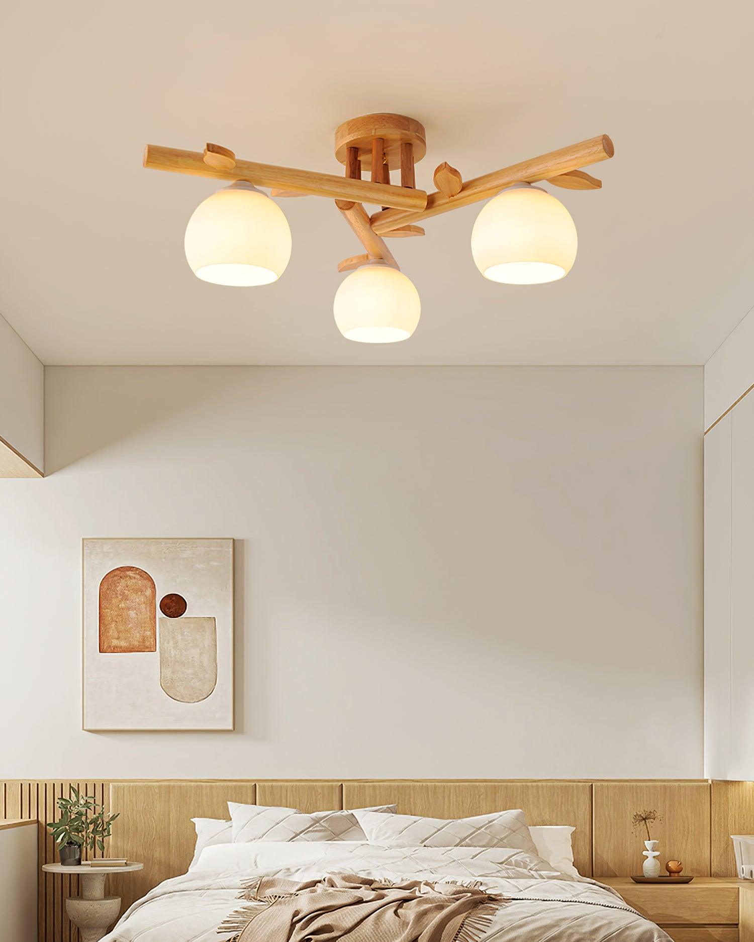 Ceiling Light Wood Body Glass Globes Organic Warm Minimalist