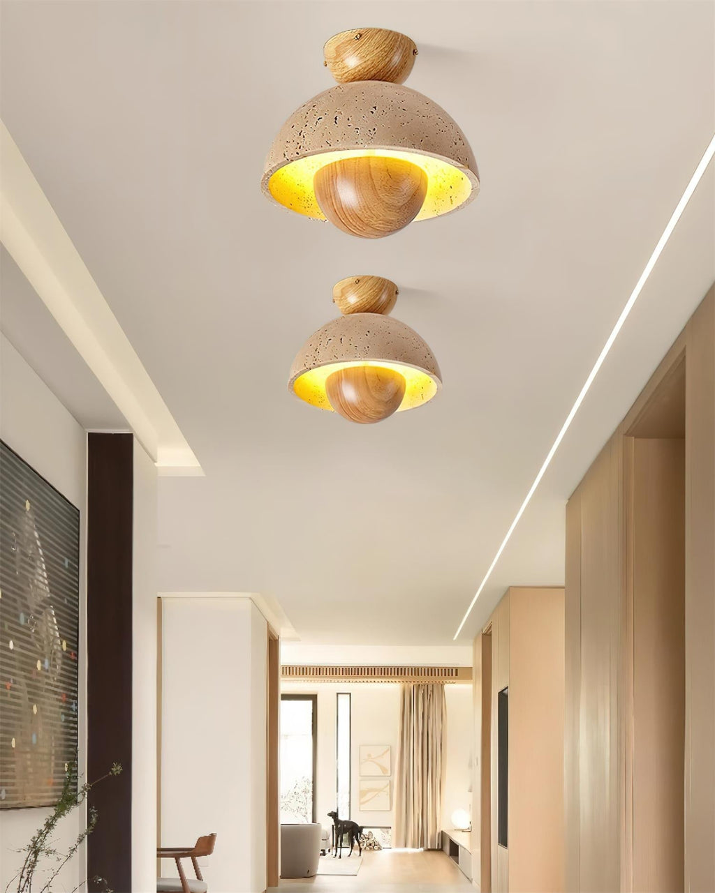 Cavora  Ceiling Light Travertine  Wood Dome Shape