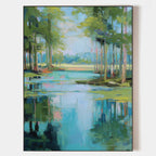 Impressionist Lakeside Forest Painting Vibrant Landscape