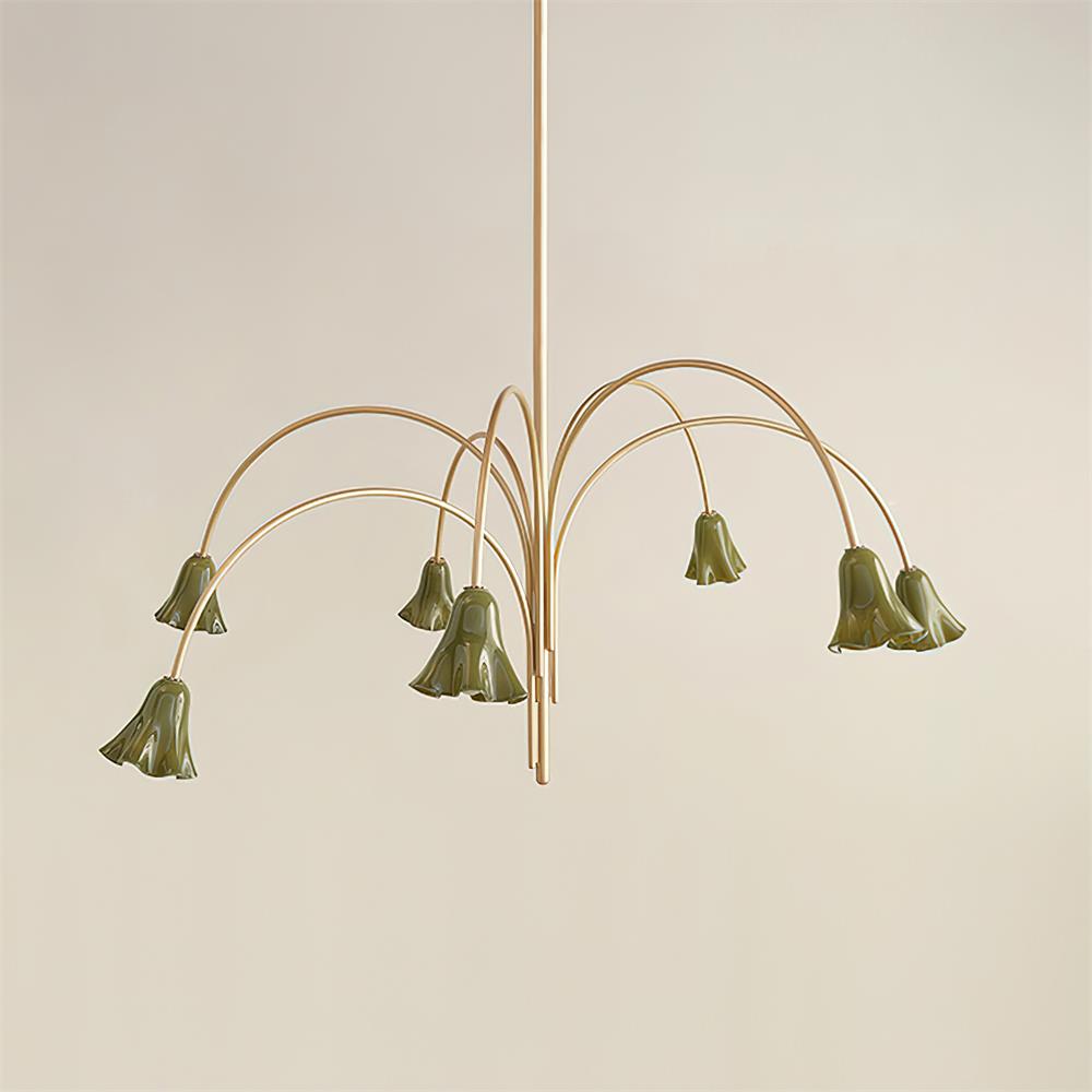 Chandelier Flower-Shaped Glass Shades on Gold Metal Arms for Dining