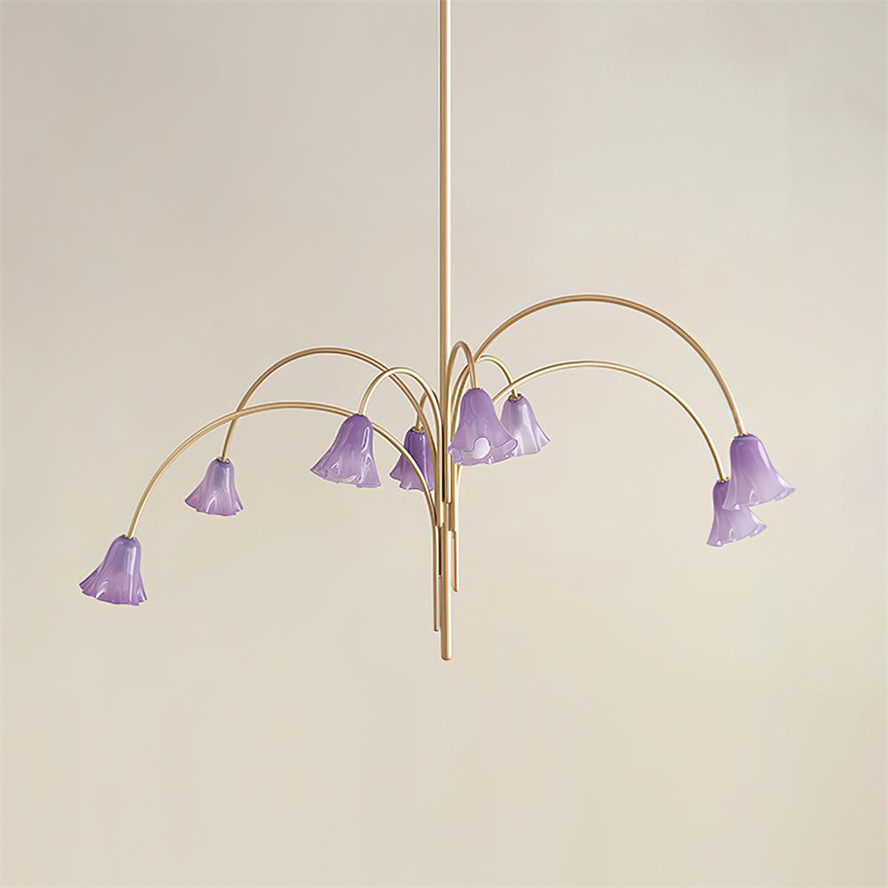 Chandelier Flower-Shaped Glass Shades on Gold Metal Arms for Dining