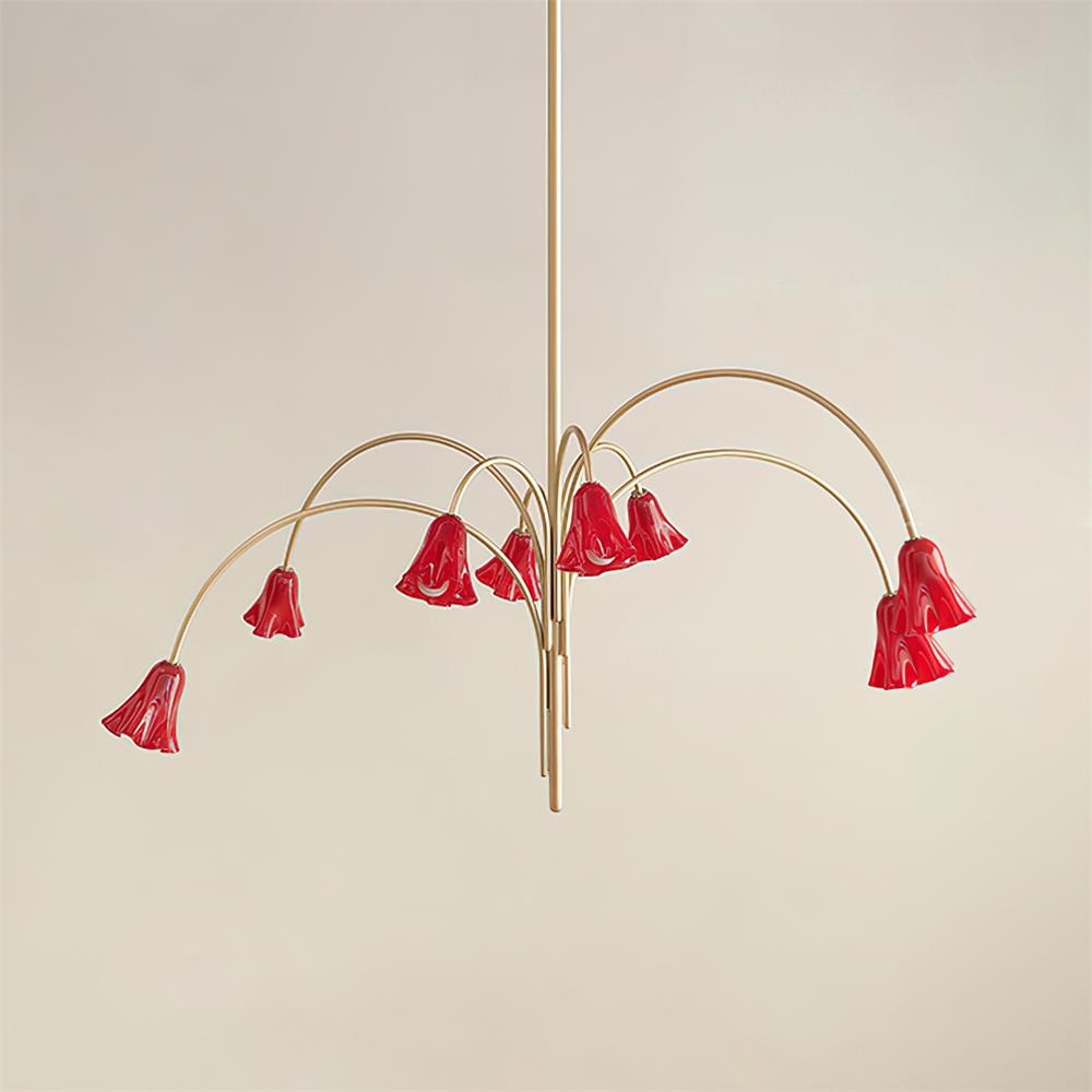 Chandelier Flower-Shaped Glass Shades on Gold Metal Arms for Dining