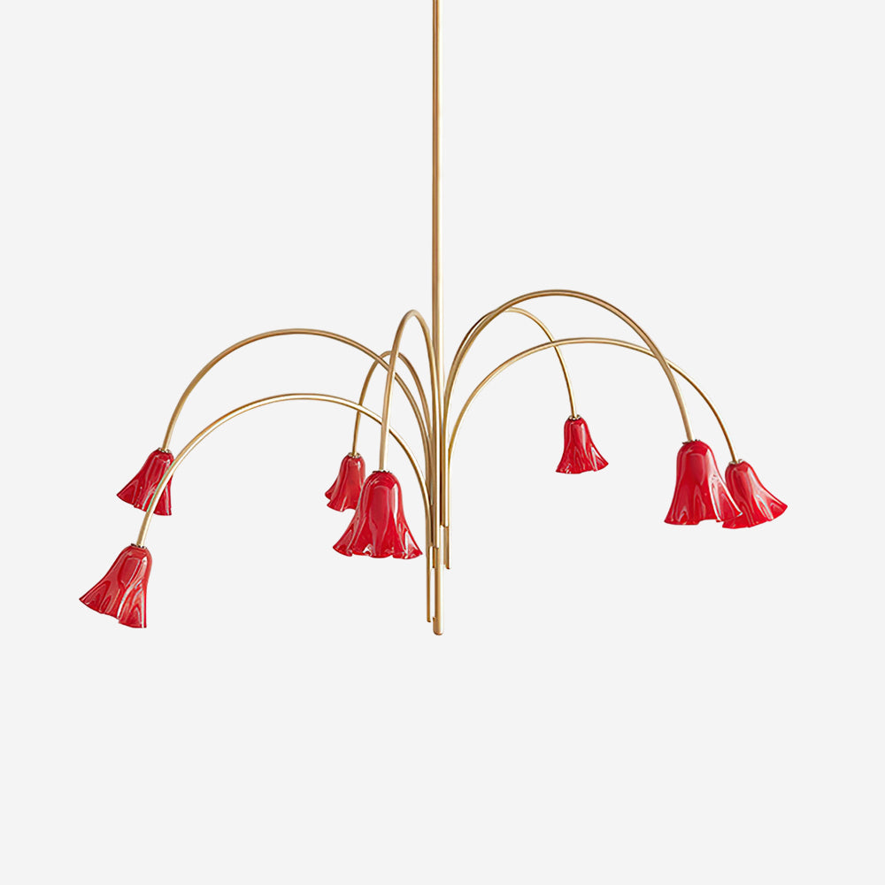 Chandelier Flower-Shaped Glass Shades on Gold Metal Arms for Dining