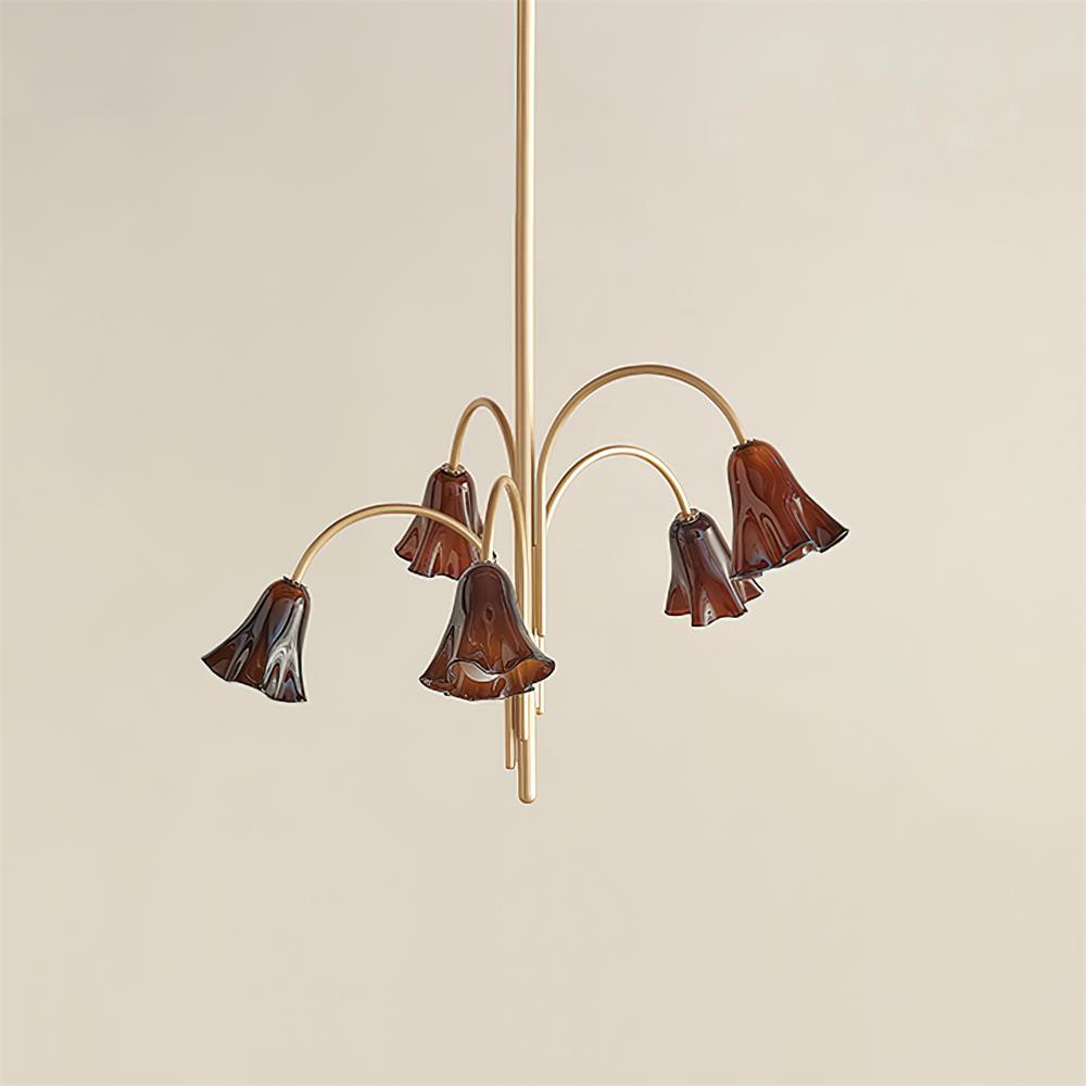 Chandelier Flower-Shaped Glass Shades on Gold Metal Arms for Dining