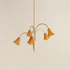 Chandelier Flower-Shaped Glass Shades on Gold Metal Arms for Dining
