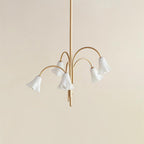 Chandelier Flower-Shaped Glass Shades on Gold Metal Arms for Dining