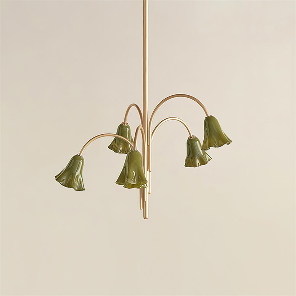 Chandelier Flower-Shaped Glass Shades on Gold Metal Arms for Dining