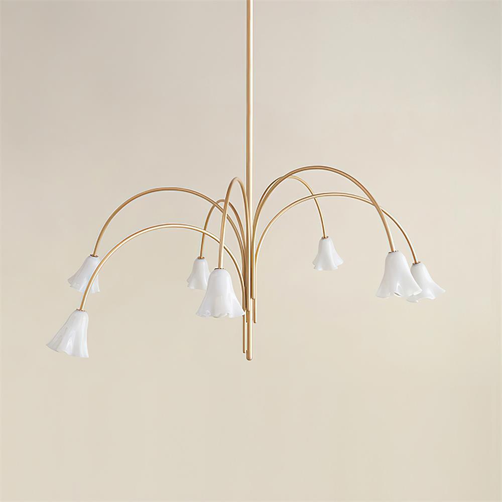 Chandelier Flower-Shaped Glass Shades on Gold Metal Arms for Dining
