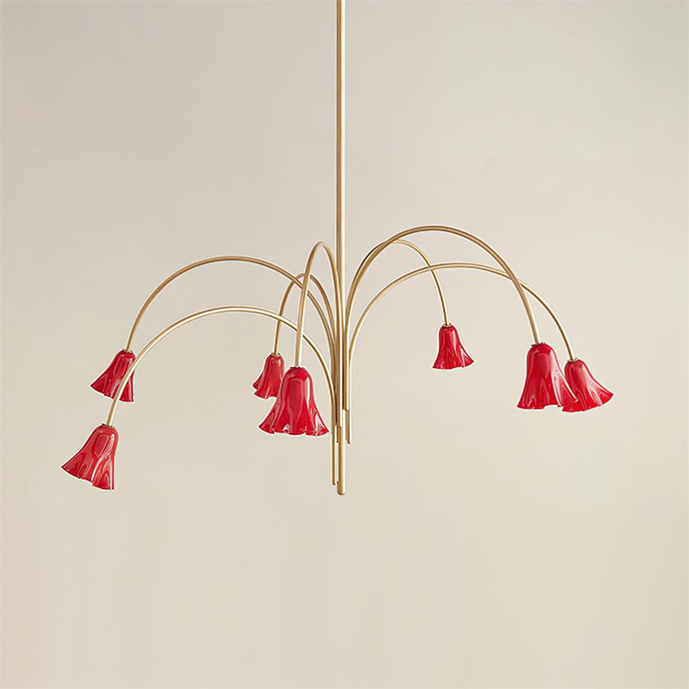 Chandelier Flower-Shaped Glass Shades on Gold Metal Arms for Dining