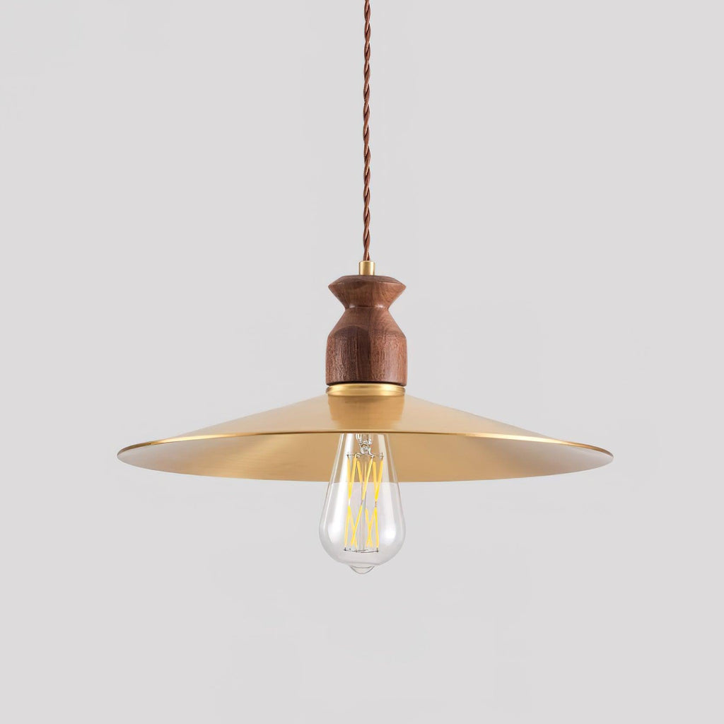 Pendant Lamp Scalloped Brass Shade Walnut Wood Vintage