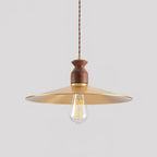 Pendant Lamp Scalloped Brass Shade Walnut Wood Vintage