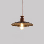 Pendant Lamp Scalloped Brass Shade Walnut Wood Vintage