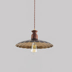 Pendant Lamp Scalloped Brass Shade Walnut Wood Vintage