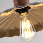 Pendant Lamp Scalloped Brass Shade Walnut Wood Vintage