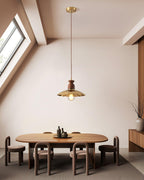 Pendant Lamp Scalloped Brass Shade Walnut Wood Vintage