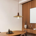 Pendant Lamp Scalloped Brass Shade Walnut Wood Vintage