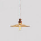 Pendant Lamp Scalloped Brass Shade Walnut Wood Vintage