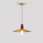 Pendant Lamp Scalloped Brass Shade Walnut Wood Vintage