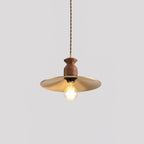 Pendant Lamp Scalloped Brass Shade Walnut Wood Vintage