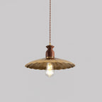 Pendant Lamp Scalloped Brass Shade Walnut Wood Vintage