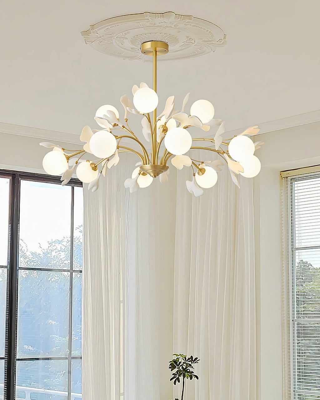 Ginkgo Leaf Chandelier with Frosted Glass Globes