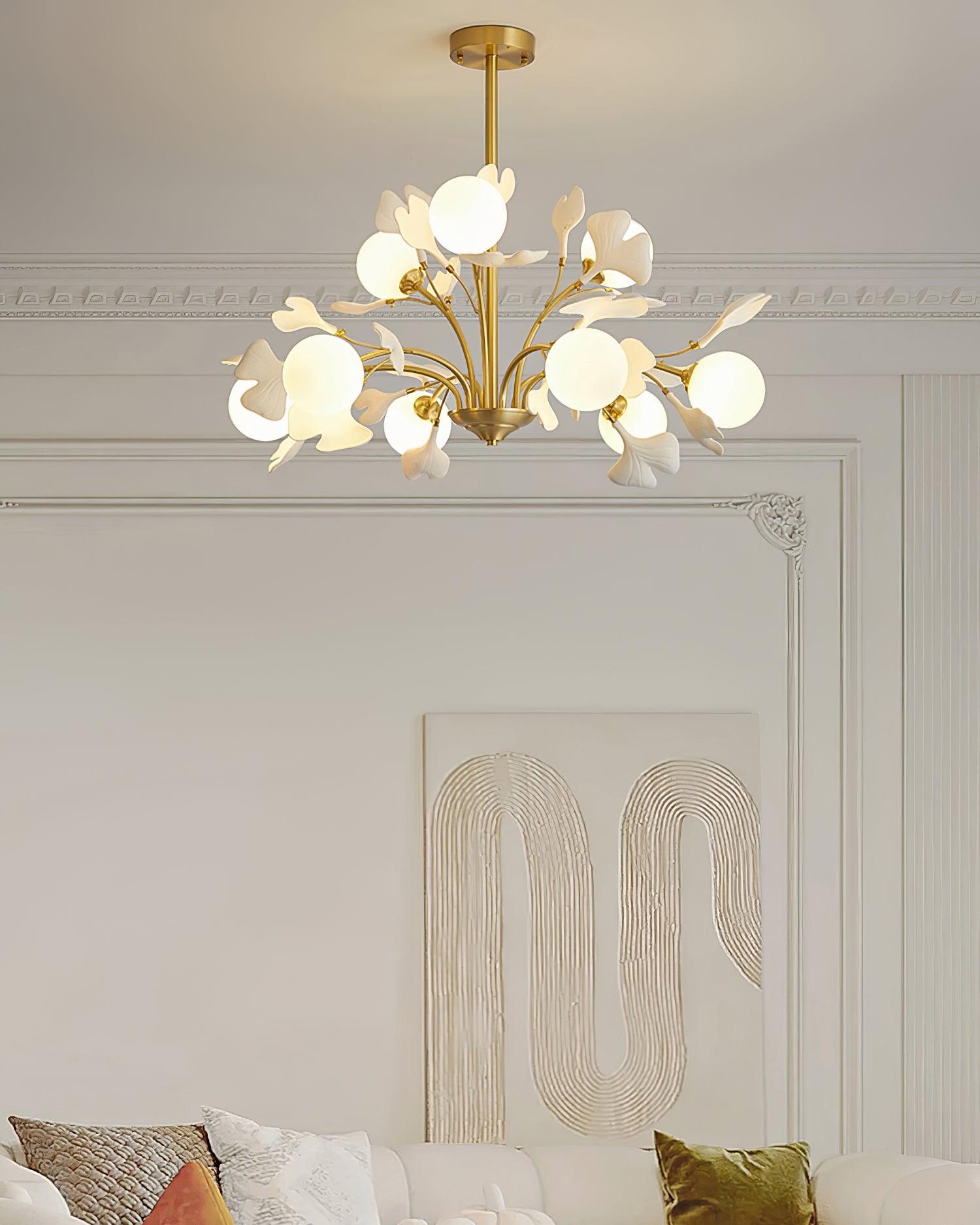 Ginkgo Leaf Chandelier with Frosted Glass Globes