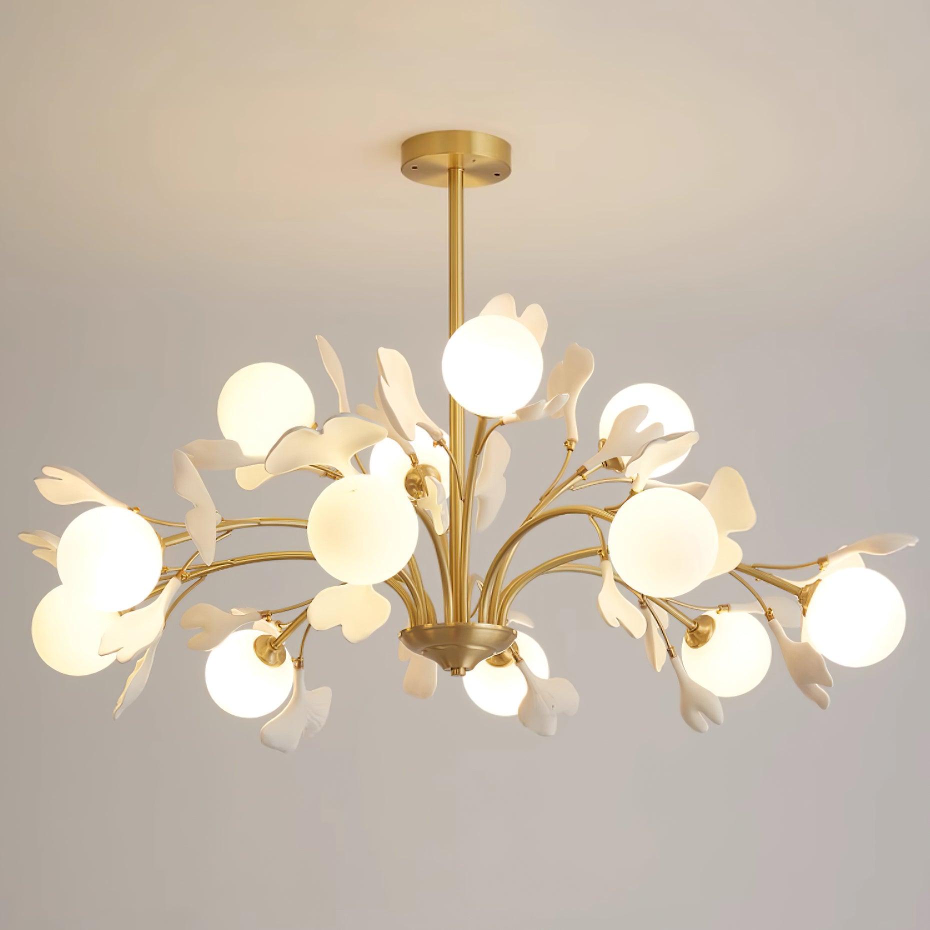 Ginkgo Leaf Chandelier with Frosted Glass Globes