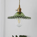 Pendant Lamp Ruffled Glass Shade Scalloped Edge Brass Accents Retro