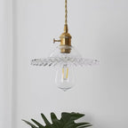 Pendant Lamp Ruffled Glass Shade Scalloped Edge Brass Accents Retro