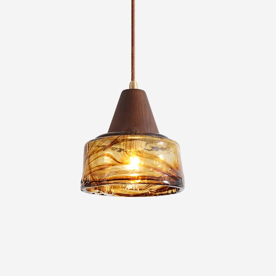 Pendant Lamp Amber Glass Shade Wood Top Vintage Artistic