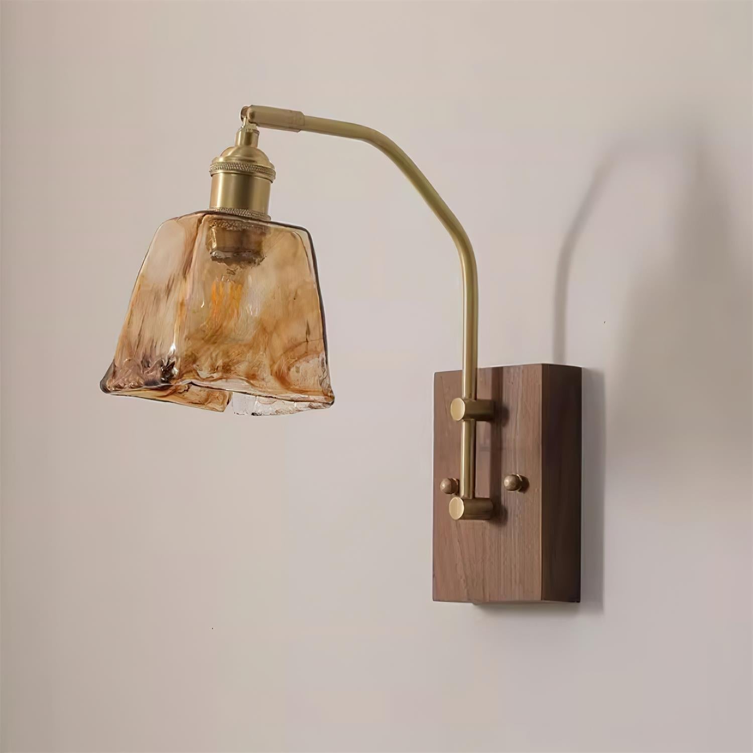 Wall Lamp Brass and Glass with Wood Backplate Vintage Artisan