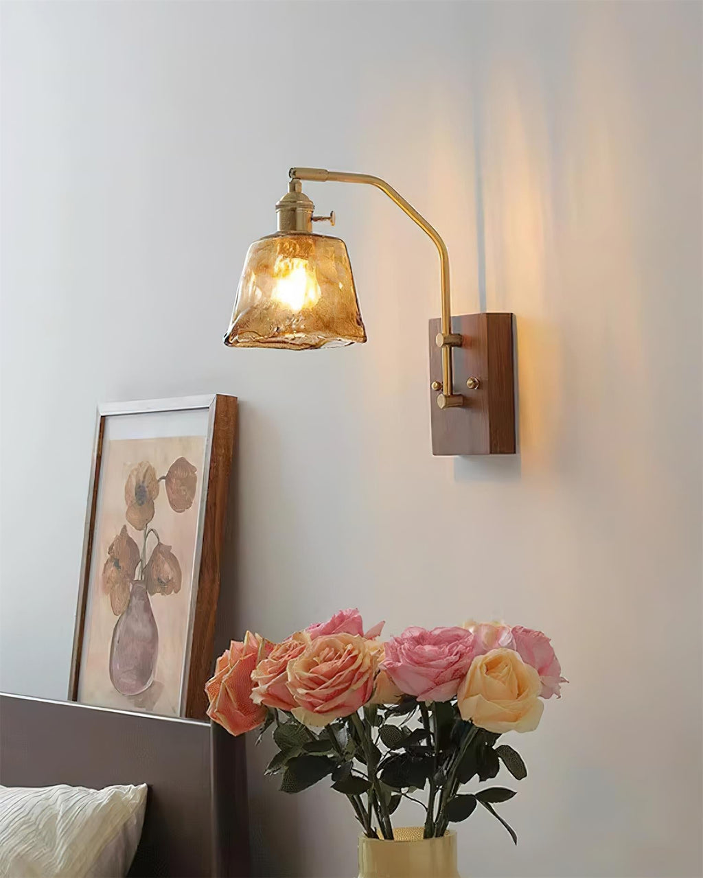 Wall Lamp Brass and Glass with Wood Backplate Vintage Artisan