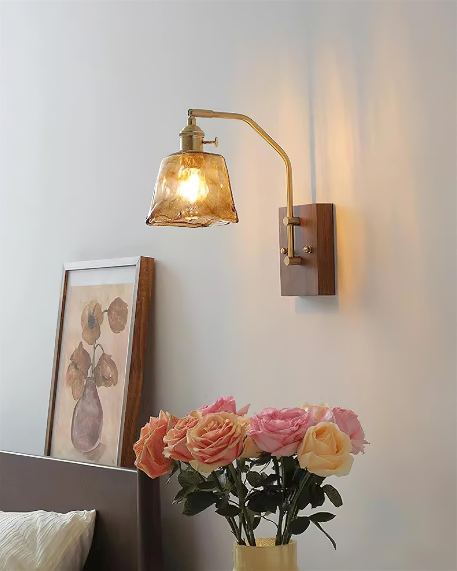 Wall Lamp Brass and Glass with Wood Backplate Vintage Artisan