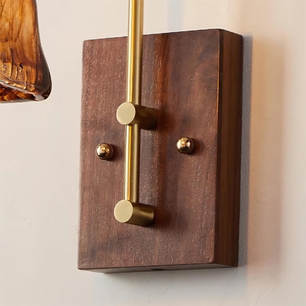 Wall Lamp Brass and Glass with Wood Backplate Vintage Artisan