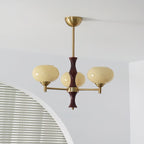Chandelier Caramel Glass Globes Walnut Wood Arms Vintage