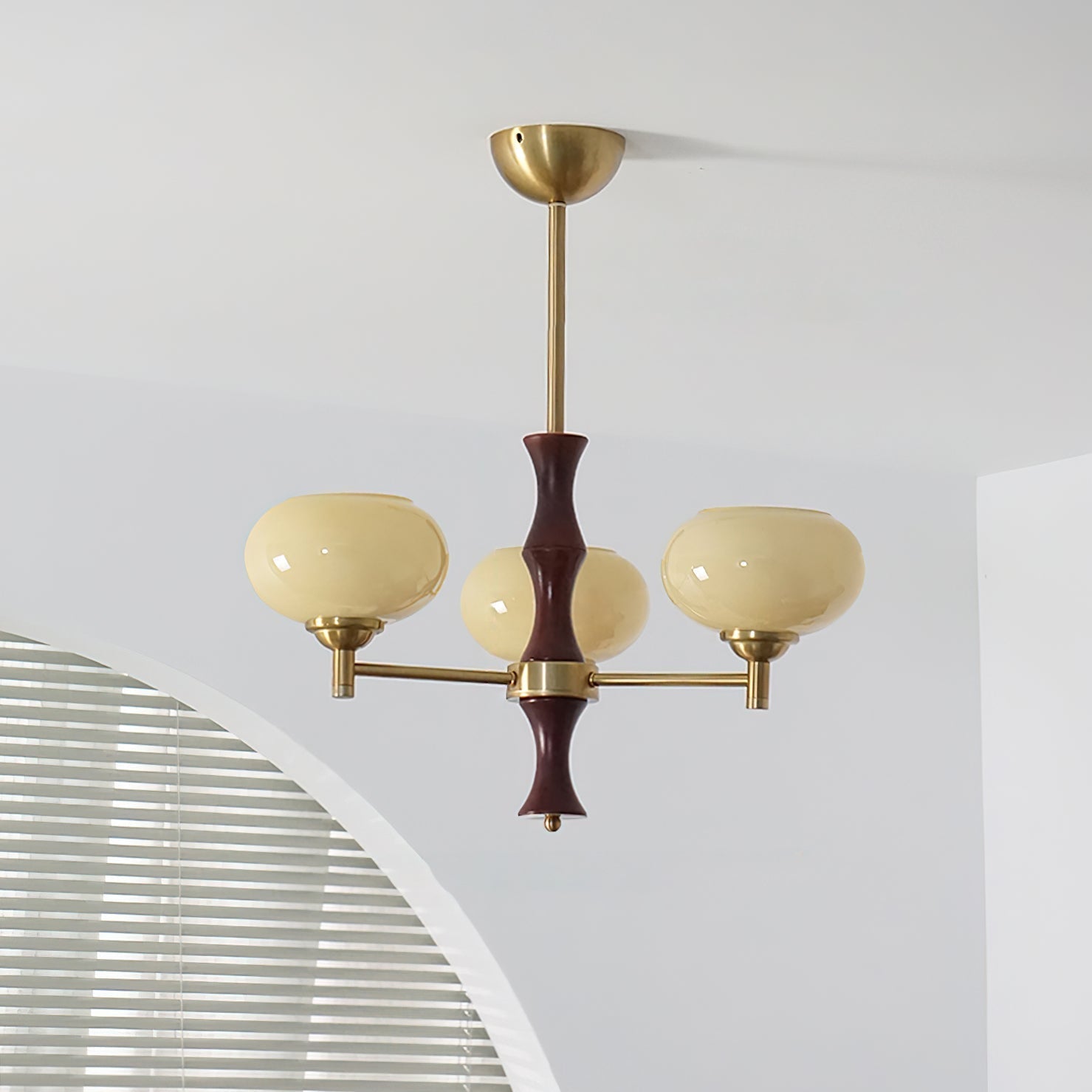 Chandelier Caramel Glass Globes Walnut Wood Arms Vintage