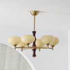 Chandelier Caramel Glass Globes Walnut Wood Arms Vintage