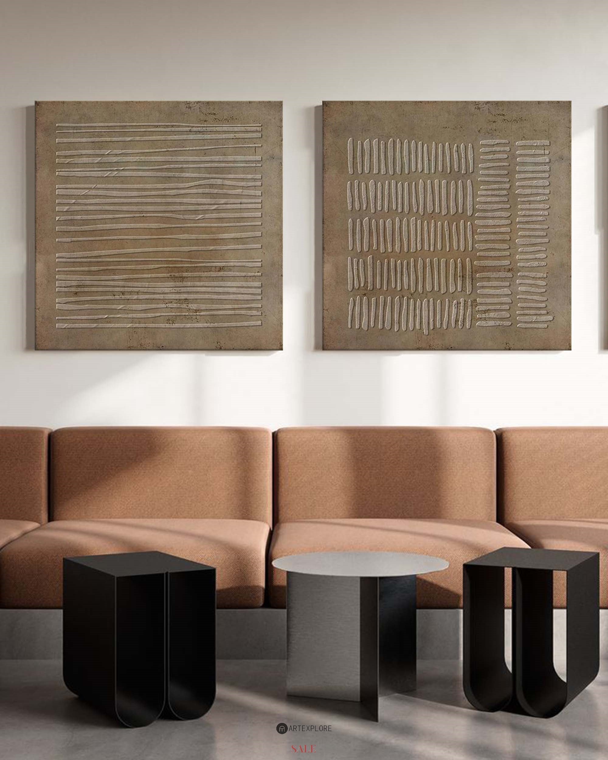Earthy Linear Textured Relief Diptych Wall Art Set