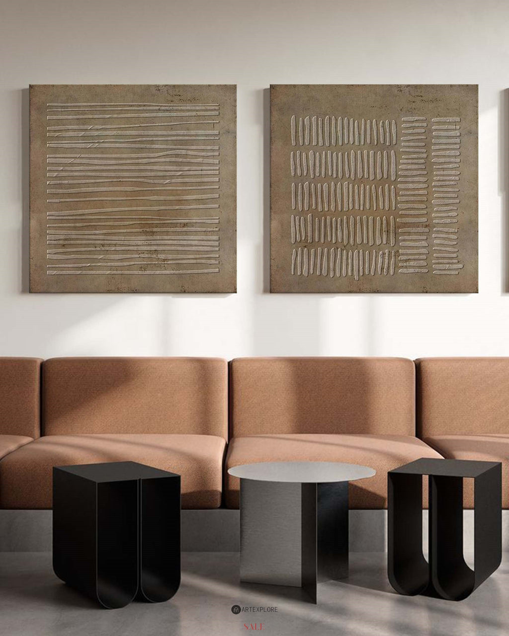 Earthy Linear Textured Relief Diptych Wall Art Set