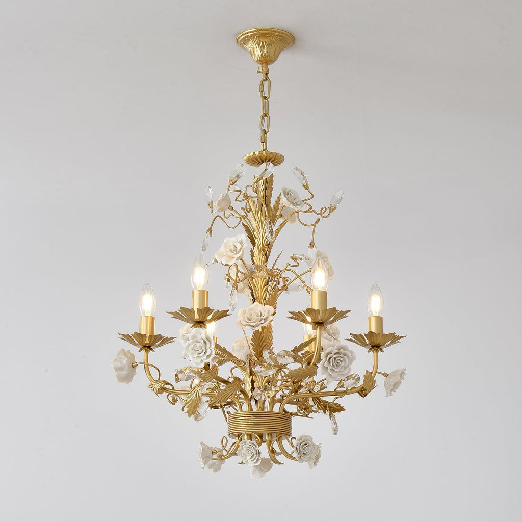 Chandelier Ornate Metal Frame Porcelain Roses Crystal Classic Luxury