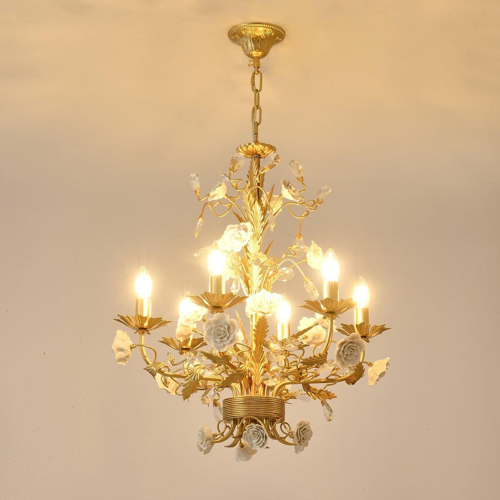 Chandelier Ornate Metal Frame Porcelain Roses Crystal Classic Luxury