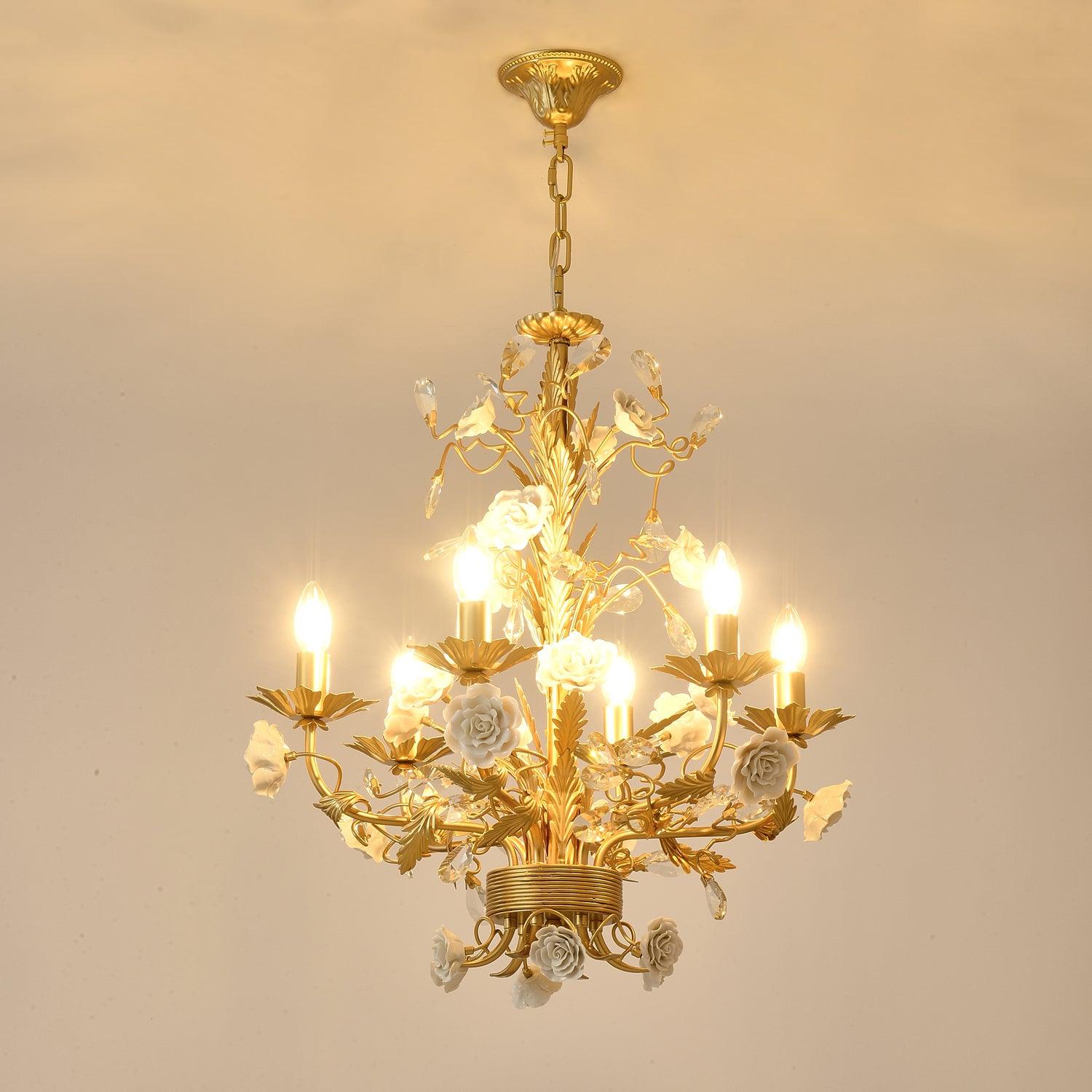 Chandelier Ornate Metal Frame Porcelain Roses Crystal Classic Luxury