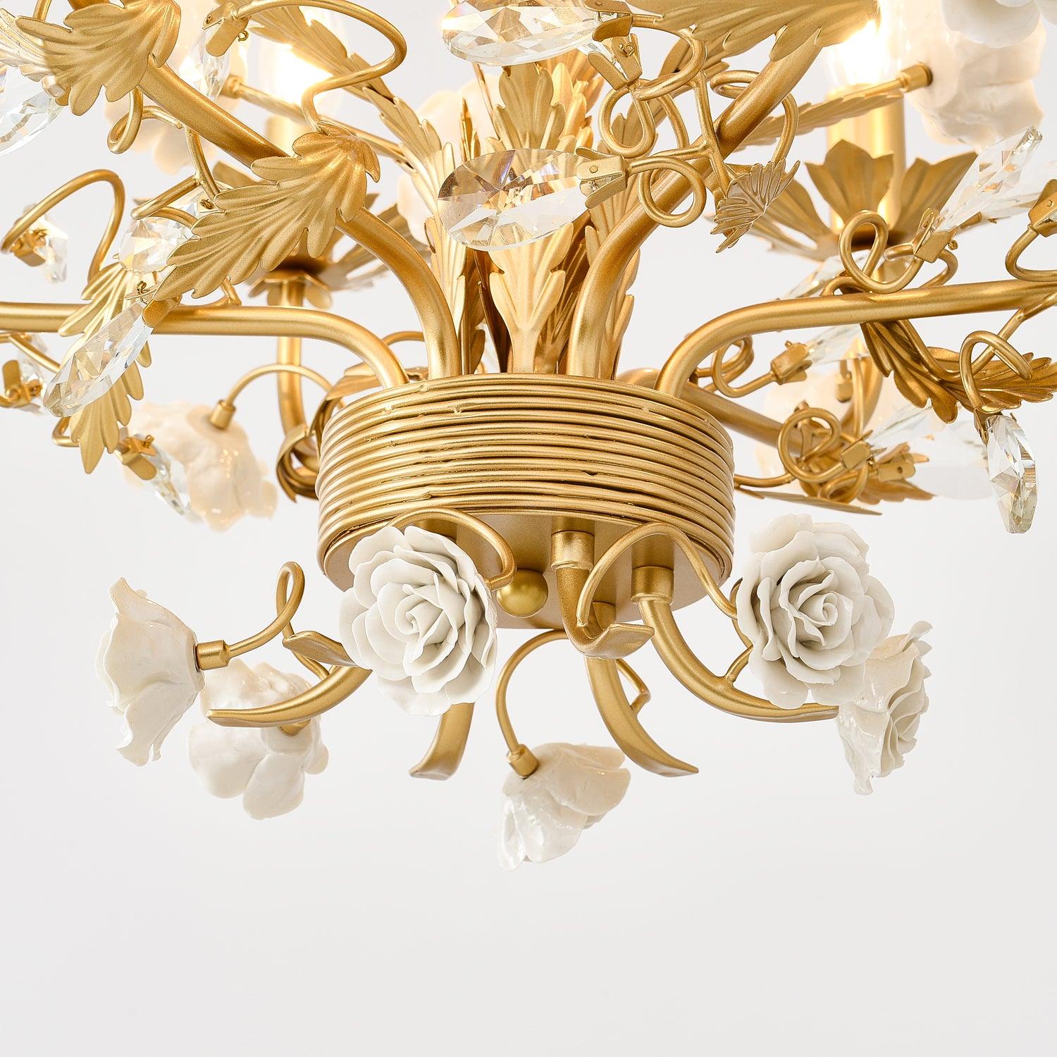 Chandelier Ornate Metal Frame Porcelain Roses Crystal Classic Luxury