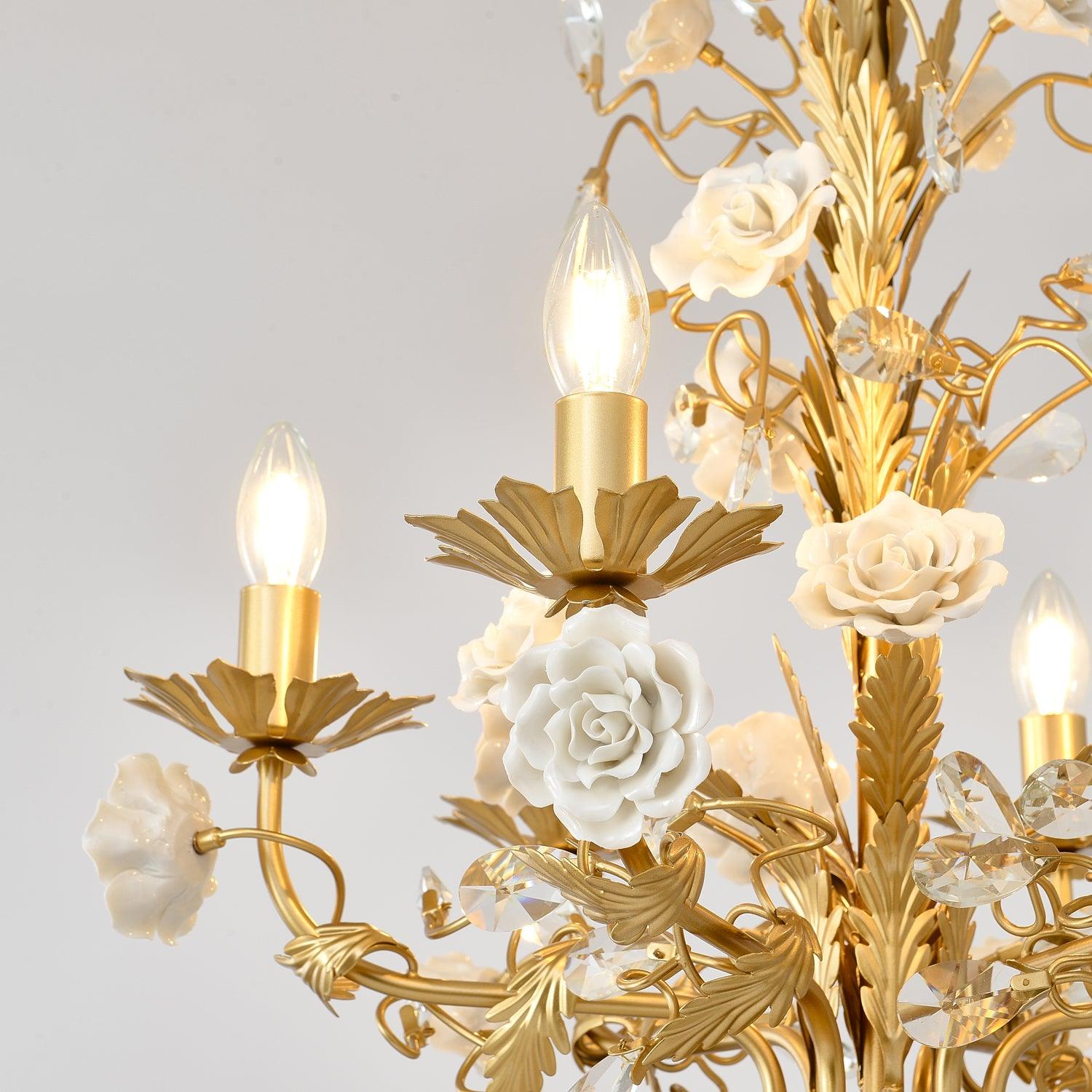 Chandelier Ornate Metal Frame Porcelain Roses Crystal Classic Luxury