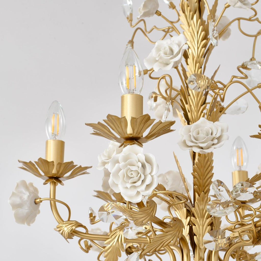 Chandelier Ornate Metal Frame Porcelain Roses Crystal Classic Luxury