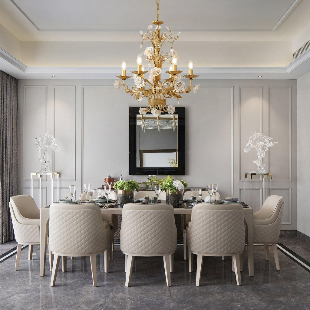 Chandelier Ornate Metal Frame Porcelain Roses Crystal Classic Luxury