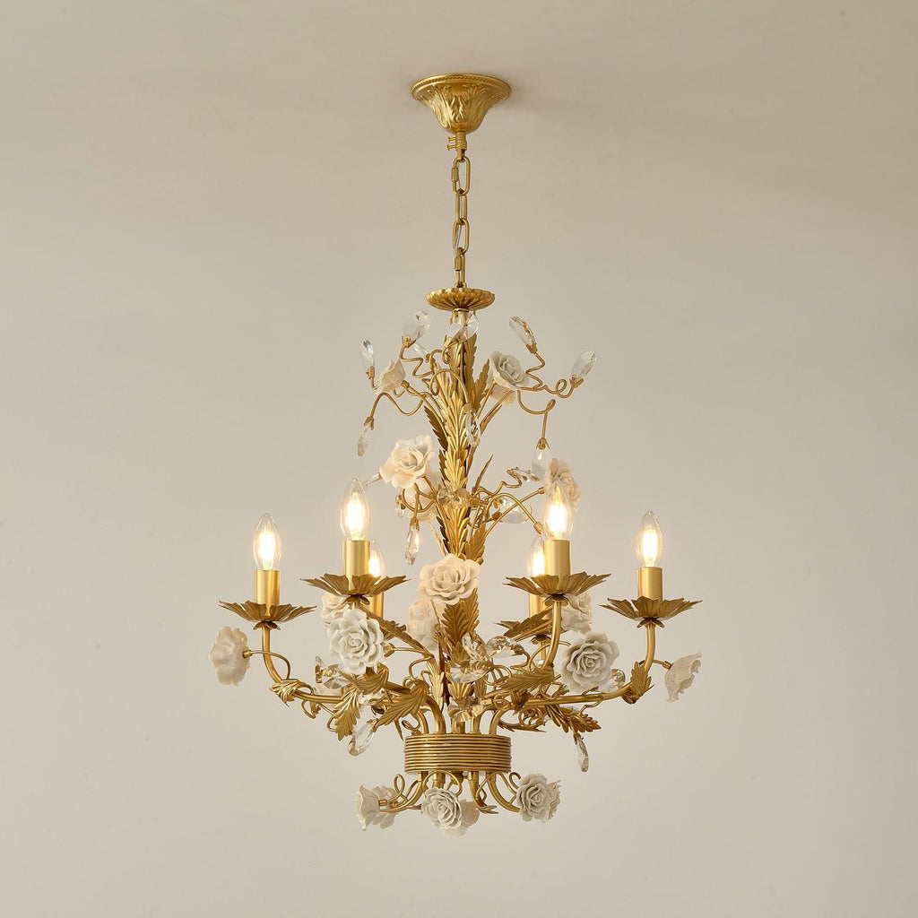 Chandelier Ornate Metal Frame Porcelain Roses Crystal Classic Luxury