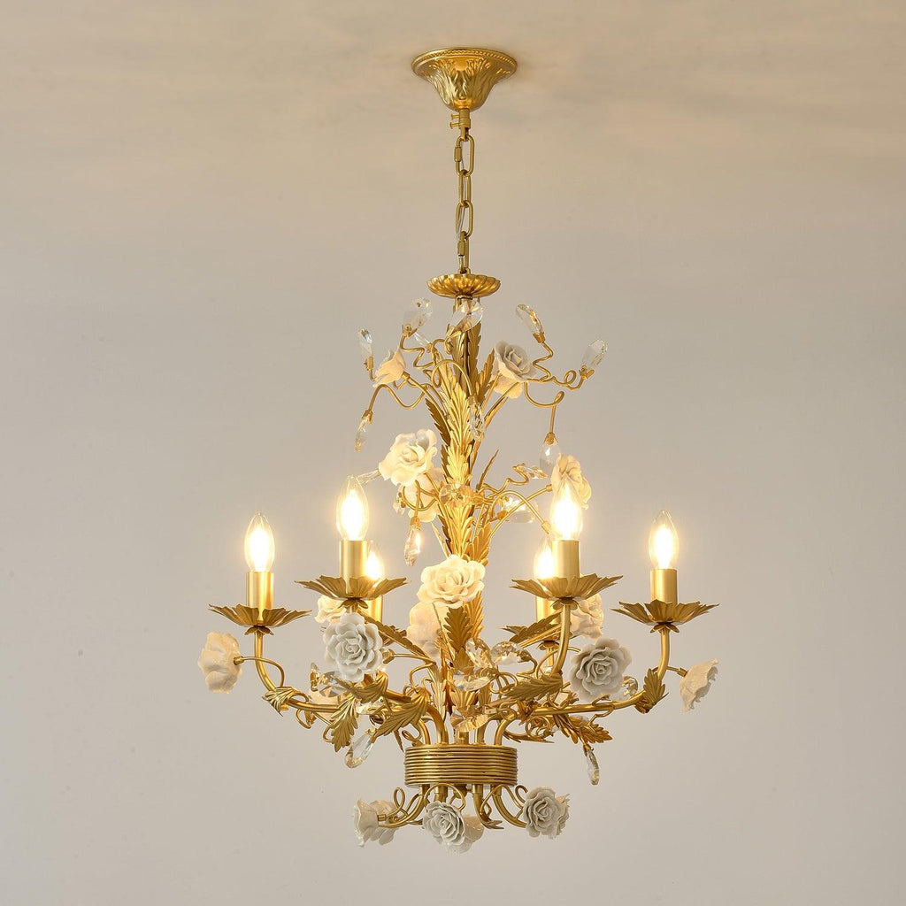 Chandelier Ornate Metal Frame Porcelain Roses Crystal Classic Luxury