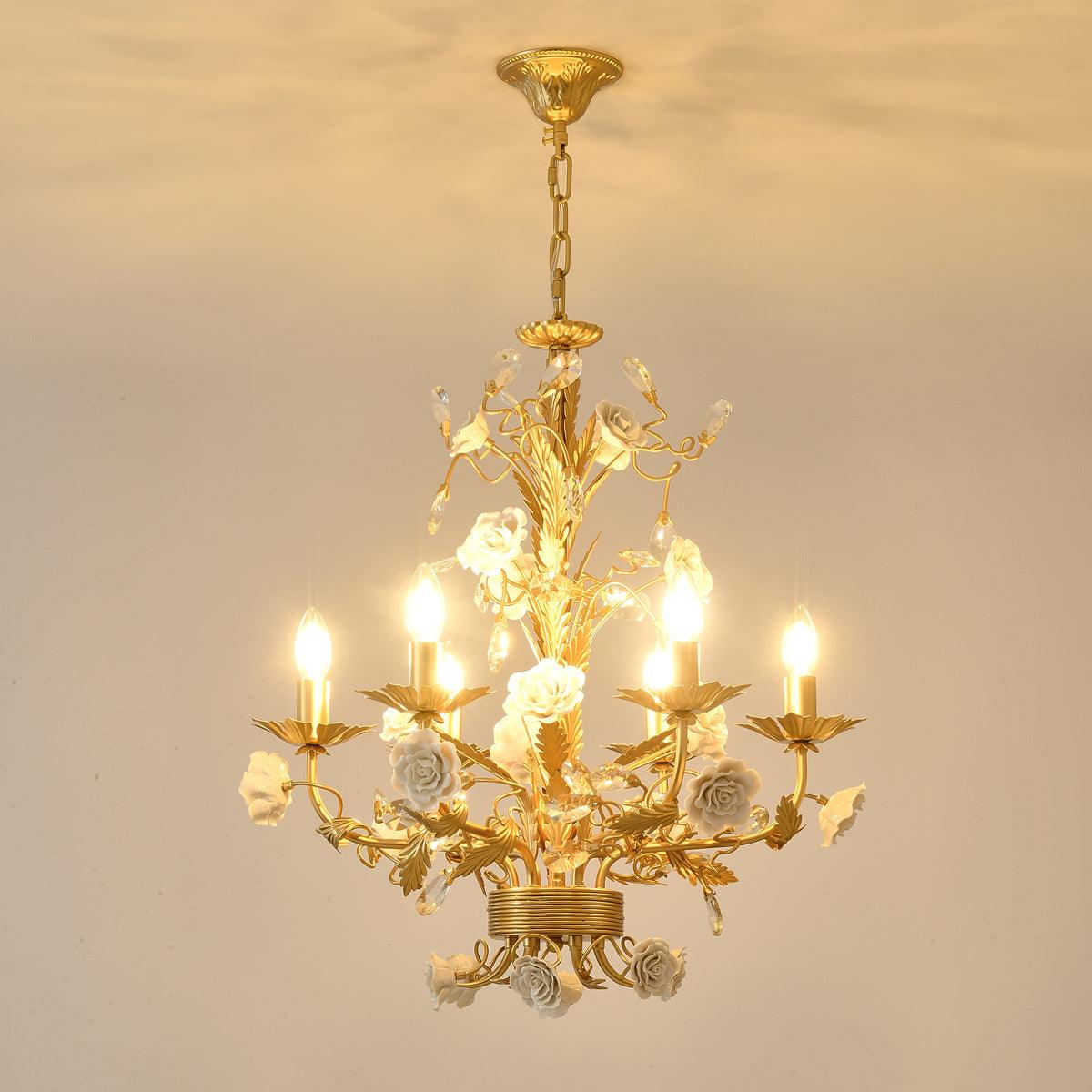 Chandelier Ornate Metal Frame Porcelain Roses Crystal Classic Luxury